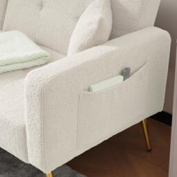 Convertible Sofa Bed with Adjustable Backrest, Sherpa Fabric, Gold Legs, Loveseat with Side Storage Pockets, 176L x 64W x 75H cm, White - Aosom.UK - thumbnail 9