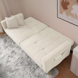 Convertible Sofa Bed with Adjustable Backrest, Sherpa Fabric, Gold Legs, Loveseat with Side Storage Pockets, 176L x 64W x 75H cm, White - Aosom.UK - thumbnail 7