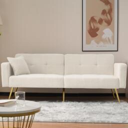 Convertible Sofa Bed with Adjustable Backrest, Sherpa Fabric, Gold Legs, Loveseat with Side Storage Pockets, 176L x 64W x 75H cm, White - Aosom.UK - thumbnail 1