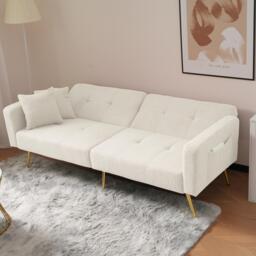 Convertible Sofa Bed with Adjustable Backrest, Sherpa Fabric, Gold Legs, Loveseat with Side Storage Pockets, 176L x 64W x 75H cm, White - Aosom.UK - thumbnail 6