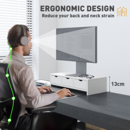 HOMCOM Monitor Stand Riser with 3 Drawers, Monitor Riser for Laptop, Computer, PC, Small Printer, 51 x 24 x 13cm, White - thumbnail 5