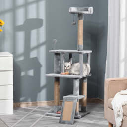 PawHut Cat Tree Tower 142cm Climbing Kitten Activity Center with Scratching Post Board Perch Roomy Condo Removable Felt Hanging Toy, Grey - Aosom UK - thumbnail 9
