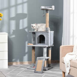 PawHut Cat Tree Tower 142cm Climbing Kitten Activity Center with Scratching Post Board Perch Roomy Condo Removable Felt Hanging Toy, Grey - Aosom UK - thumbnail 2
