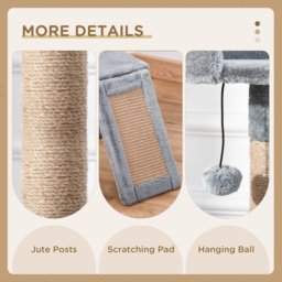 PawHut Cat Tree Tower 142cm Climbing Kitten Activity Center with Scratching Post Board Perch Roomy Condo Removable Felt Hanging Toy, Grey - Aosom UK - thumbnail 5