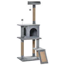 PawHut Cat Tree Tower 142cm Climbing Kitten Activity Center with Scratching Post Board Perch Roomy Condo Removable Felt Hanging Toy, Grey - Aosom UK - thumbnail 1