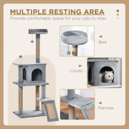 PawHut Cat Tree Tower 142cm Climbing Kitten Activity Center with Scratching Post Board Perch Roomy Condo Removable Felt Hanging Toy, Grey - Aosom UK - thumbnail 4