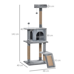 PawHut Cat Tree Tower 142cm Climbing Kitten Activity Center with Scratching Post Board Perch Roomy Condo Removable Felt Hanging Toy, Grey - Aosom UK - thumbnail 3