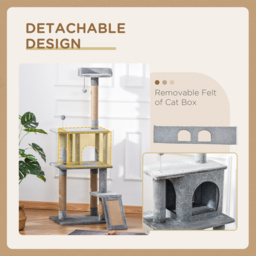 PawHut Cat Tree Tower 142cm Climbing Kitten Activity Center with Scratching Post Board Perch Roomy Condo Removable Felt Hanging Toy, Grey - Aosom UK - thumbnail 7