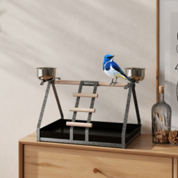 PawHut Bird Play Stand, Portable Training Playground, with Wood Perch, Ladder, Feeding Cups, for Parrots, Macaws, Conures - Aosom UK - thumbnail 2
