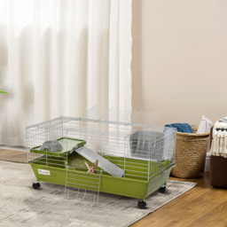 "PawHut Small Animal Cage, 35"" Chinchilla Guinea Pig Hutch, Includes Platform, Ramp, Dish, Wheels, Water Bottle - Aosom UK" - thumbnail 2