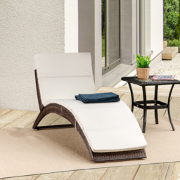 Outsunny Garden Patio Rattan Wicker Folding Sun Lounger Recliner Bed Chair with Cushion for Outdoor, Mixed Brown, White - thumbnail 2