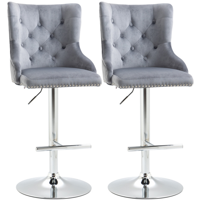 HOMCOM Modern Adjustable Bar Stools Set of 2, Swivel Velvet Barstools with Button Tufted Back, Footrest, Nailhead Trim for Home Bar, Grey - image 1
