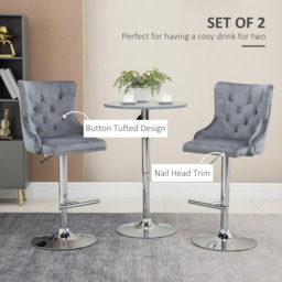 HOMCOM Modern Adjustable Bar Stools Set of 2, Swivel Velvet Barstools with Button Tufted Back, Footrest, Nailhead Trim for Home Bar, Grey - thumbnail 4