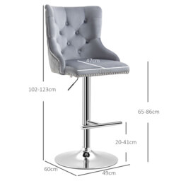 HOMCOM Modern Adjustable Bar Stools Set of 2, Swivel Velvet Barstools with Button Tufted Back, Footrest, Nailhead Trim for Home Bar, Grey - thumbnail 3