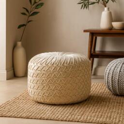 Elegant Velvet Upholstery Pouffe with Crisp White Finish, Handcrafted Pleated Design Footstool for Living Room, 46L x 46W x 33H cm, White - Aosom UK