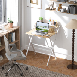 HOMCOM 70 cm Folding Computer Desk with Monitor Shelf - Natural Wood Finish - thumbnail 2