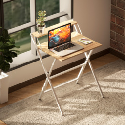 HOMCOM 70 cm Folding Computer Desk with Monitor Shelf - Natural Wood Finish - thumbnail 8