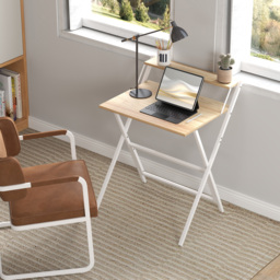 HOMCOM 70 cm Folding Computer Desk with Monitor Shelf - Natural Wood Finish - thumbnail 7