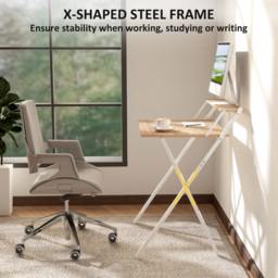 HOMCOM 70 cm Folding Computer Desk with Monitor Shelf - Natural Wood Finish - thumbnail 6