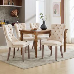 Set of 4 Velvet Upholstered Dining Chairs with Button Tufted Back, Brushed Wood Legs, Suitable for Dining Room, 50L x 64W x 96H cm, Beige - Aosom.UK - thumbnail 7