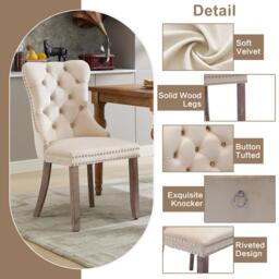 Set of 4 Velvet Upholstered Dining Chairs with Button Tufted Back, Brushed Wood Legs, Suitable for Dining Room, 50L x 64W x 96H cm, Beige - Aosom.UK - thumbnail 4
