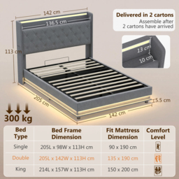 HOMCOM 4ft6 Double Bed Frame with Headboard, Platform Bed Frame with Hydraulic Storage, LED Lights and Charging Station, Grey - thumbnail 3