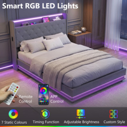 HOMCOM 4ft6 Double Bed Frame with Headboard, Platform Bed Frame with Hydraulic Storage, LED Lights and Charging Station, Grey - thumbnail 5