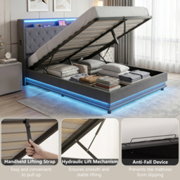 HOMCOM 4ft6 Double Bed Frame with Headboard, Platform Bed Frame with Hydraulic Storage, LED Lights and Charging Station, Grey - thumbnail 8