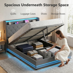 HOMCOM 4ft6 Double Bed Frame with Headboard, Platform Bed Frame with Hydraulic Storage, LED Lights and Charging Station, Grey - thumbnail 4