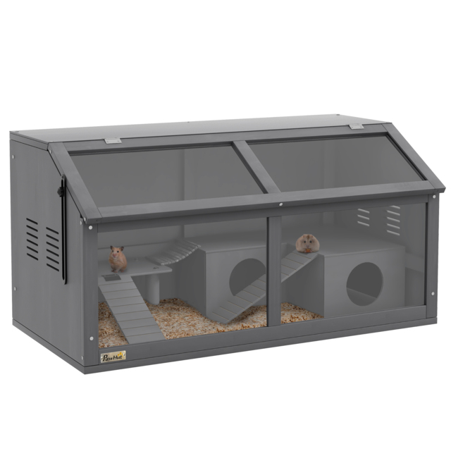 PawHut Hamster Cage, Wooden Small Animal Cage for Gerbils, Mice w/ Suspension Bridge, Openable Top, Hut, 85 x 45 x 44cm - Grey - image 1