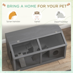 PawHut Hamster Cage, Wooden Small Animal Cage for Gerbils, Mice w/ Suspension Bridge, Openable Top, Hut, 85 x 45 x 44cm - Grey - thumbnail 7