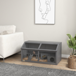 PawHut Hamster Cage, Wooden Small Animal Cage for Gerbils, Mice w/ Suspension Bridge, Openable Top, Hut, 85 x 45 x 44cm - Grey - thumbnail 2