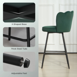 HOMCOM Set of Two Velvet-Feel Lotus Bar Stools - Dark Green - thumbnail 6