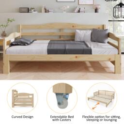 Stylish Cabin Bed with Pull-Out Trundle and Storage, Natural Finish Bed Frame with MDF Slatted Base, 196L x 187W x 73H cm, Natural - Aosom UK - thumbnail 4