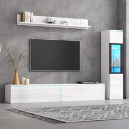 High Gloss TV Wall Unit Set with Customisable LED Lighting, Handleless Design, Entertainment Center Set with Cabinet, Hanging Shelf, White - Aosom UK - thumbnail 9
