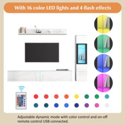 High Gloss TV Wall Unit Set with Customisable LED Lighting, Handleless Design, Entertainment Center Set with Cabinet, Hanging Shelf, White - Aosom UK - thumbnail 5
