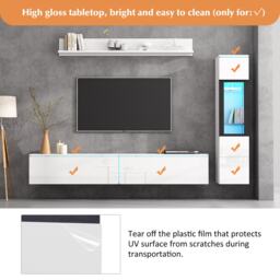 High Gloss TV Wall Unit Set with Customisable LED Lighting, Handleless Design, Entertainment Center Set with Cabinet, Hanging Shelf, White - Aosom UK - thumbnail 4