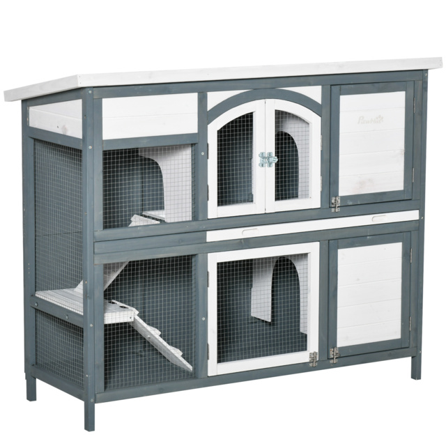 PawHut Two-Tier Wooden Rabbit Hutch Guinea Pig Cage w/ Openable Roof, Slide-Out Tray, Ramp - Grey - image 1