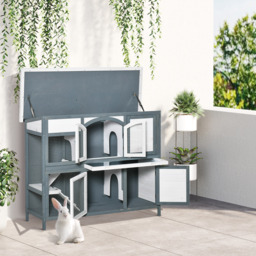 PawHut Two-Tier Wooden Rabbit Hutch Guinea Pig Cage w/ Openable Roof, Slide-Out Tray, Ramp - Grey - thumbnail 2