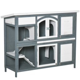 PawHut Two-Tier Wooden Rabbit Hutch Guinea Pig Cage w/ Openable Roof, Slide-Out Tray, Ramp - Grey - thumbnail 1