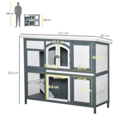 PawHut Two-Tier Wooden Rabbit Hutch Guinea Pig Cage w/ Openable Roof, Slide-Out Tray, Ramp - Grey - thumbnail 3