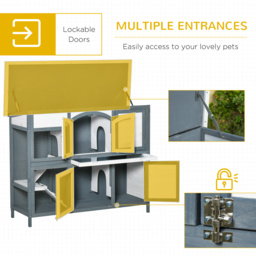 PawHut Two-Tier Wooden Rabbit Hutch Guinea Pig Cage w/ Openable Roof, Slide-Out Tray, Ramp - Grey - thumbnail 5