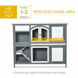 PawHut Two-Tier Wooden Rabbit Hutch Guinea Pig Cage w/ Openable Roof, Slide-Out Tray, Ramp - Grey - thumbnail 4