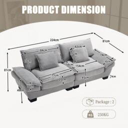 Oversized Two-Seater Sofa with Modern Deep-Seated Modular Design, Comfortable Daybed with Ergonomic Curves, 224L x 81W x 81H cm, Light Gray - Aosom UK - thumbnail 3