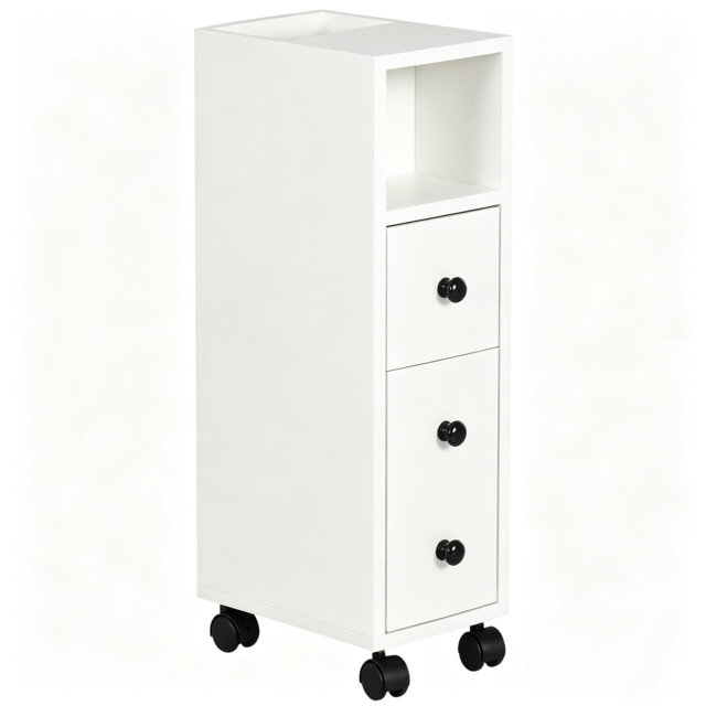 kleankin Slimline Bathroom Storage Unit w/ 2 Drawers 2 Open Compartments Wheels Handles Freestanding Compact Home Office Furniture White - Aosom UK - image 1