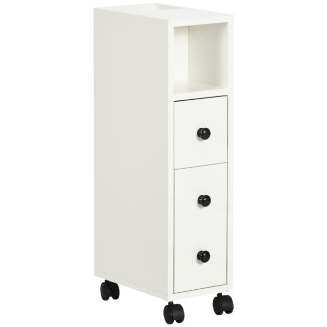 kleankin Slimline Bathroom Storage Unit w/ 2 Drawers 2 Open Compartments Wheels Handles Freestanding Compact Home Office Furniture White - Aosom UK - image 1