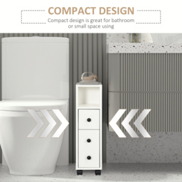 kleankin Slimline Bathroom Storage Unit w/ 2 Drawers 2 Open Compartments Wheels Handles Freestanding Compact Home Office Furniture White - Aosom UK - thumbnail 6