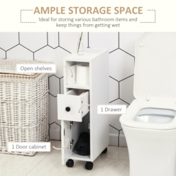kleankin Slimline Bathroom Storage Unit w/ 2 Drawers 2 Open Compartments Wheels Handles Freestanding Compact Home Office Furniture White - Aosom UK - thumbnail 4
