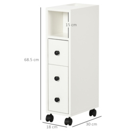 kleankin Slimline Bathroom Storage Unit w/ 2 Drawers 2 Open Compartments Wheels Handles Freestanding Compact Home Office Furniture White - Aosom UK - thumbnail 3