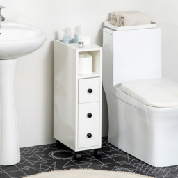 kleankin Slimline Bathroom Storage Unit w/ 2 Drawers 2 Open Compartments Wheels Handles Freestanding Compact Home Office Furniture White - Aosom UK - thumbnail 7